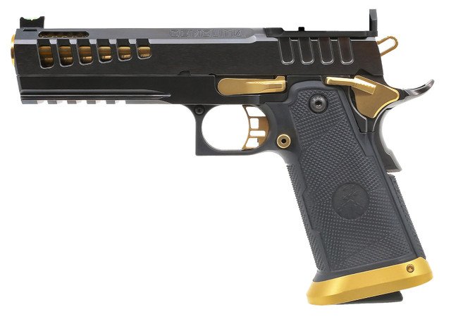 Watchtower Firearms Demolitia Elite Package 9mm 5" Gold Plated PVD Ported Barrel, Graphite PVD Optic Cut/Serrated Steel Slide, Graphite PVD Frame, Black Textured Grip, 20 Rd - Image 3